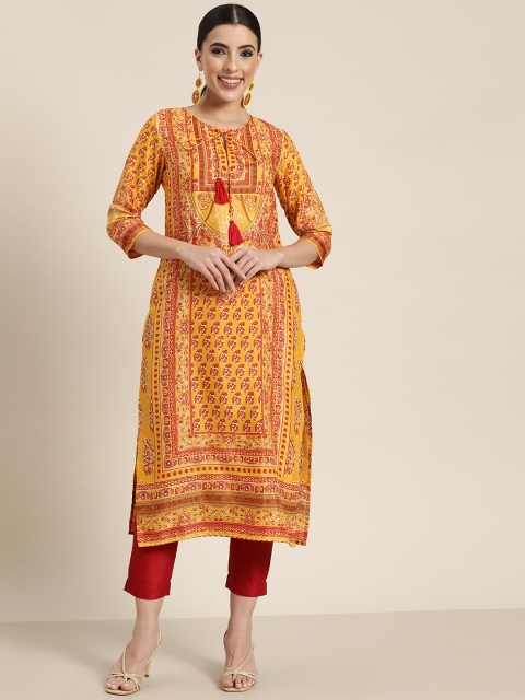 Juniper Women Mustard Yellow & Red Ethnic Motifs Printed Shantoon Printed Straight Kurta
Juniper Women Mustard Yellow & Red Ethnic Motifs Printed Shantoon Printed Straight Kurta