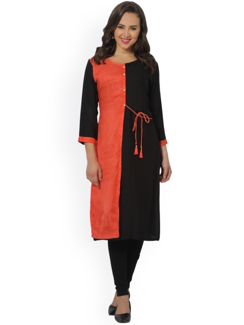 Sangria Women Black Colourblocked Thread Work Floral Kurta
