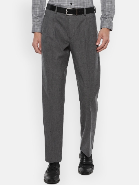 Louis Philippe Men Grey Textured Pleated Trousers