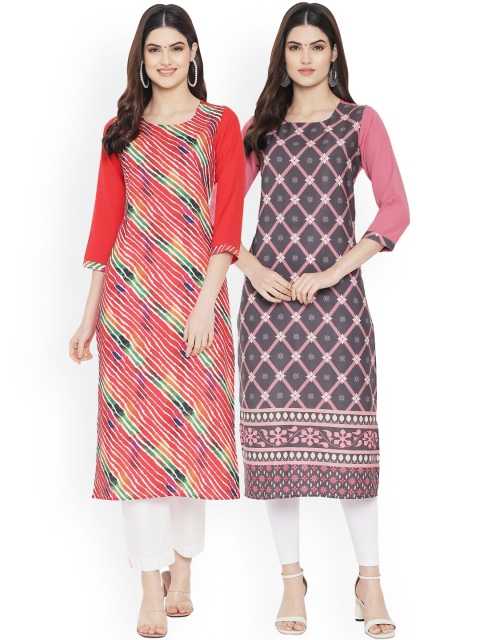Ethnic basket Women Pack of 3 Printed Kurtas, Red