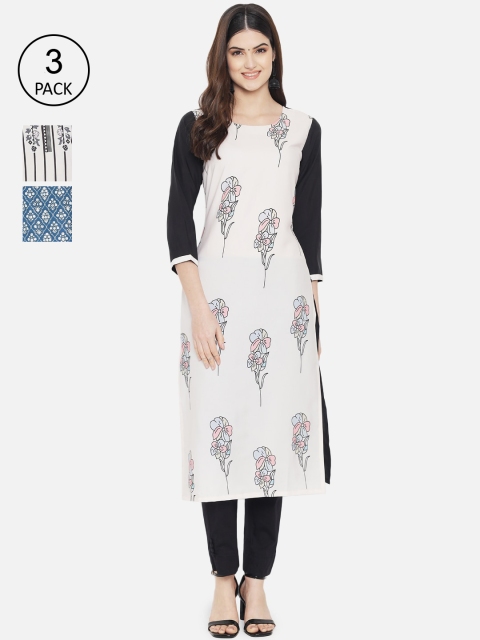 7Threads Pack of 3 Women Ethnic Motifs Printed Crepe Kurta, Multi