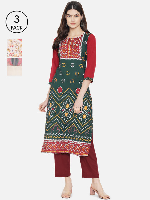 7Threads Woman Pack of 3 Multicoloured Ethnic Motifs Printed Crepe Kurta, Multi
7Threads Woman Pack of 3 Multicoloured Ethnic Motifs Printed Crepe Kurta, Multi