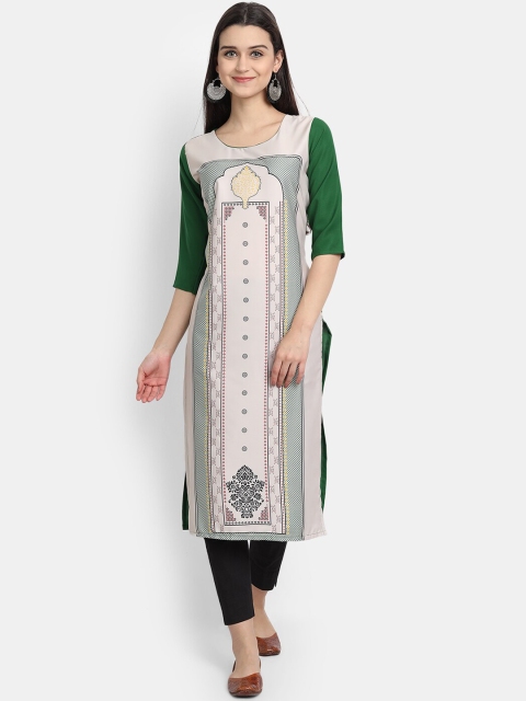 KALINI Women White & Green Ethnic Motifs Printed Crepe Kurta