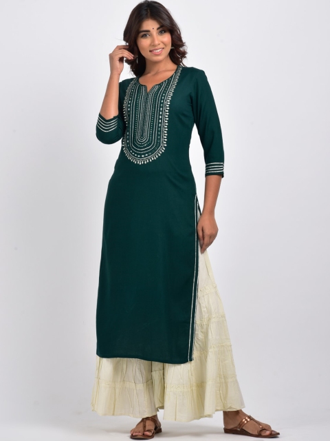 Swasti Women Green & Silver-Toned Geometric Yoke Design Thread Work Kurta