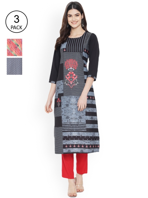 Ethnic basket Women Pack of 3 Digital Printed Crepe Kurta, Multi
