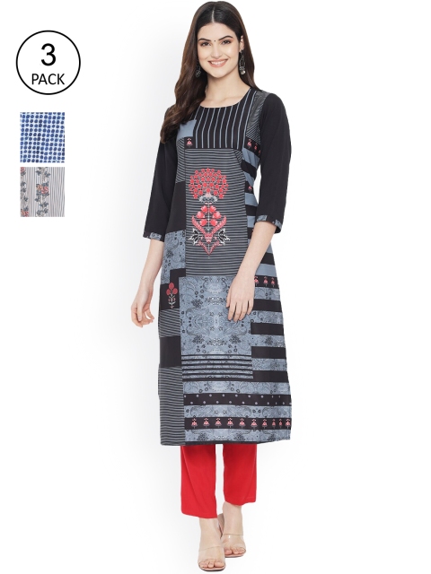 Ethnic basket Women Pack of 3 Black & Blue Ethnic Motifs Printed Crepe Kurta