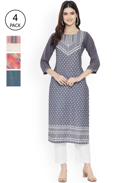 Ethnic basket Women Multicoloured Striped Mirror Work Floral Crepe Kurta, Multi