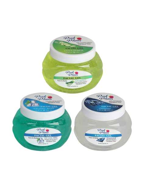 Pink Plums Set of Cucumber-Ice Cool Mint-Diamond Face & Body Gel - 250 ml Each, Multi
Pink Plums Set of Cucumber-Ice Cool Mint-Diamond Face & Body Gel - 250 ml Each, Multi