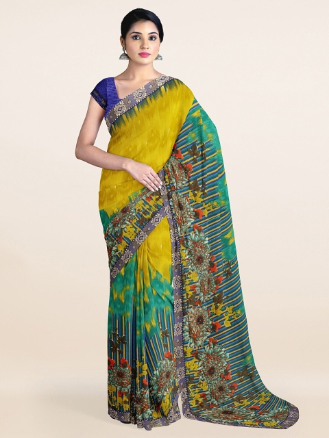 Pothys Blue & Yellow Floral Printed Saree