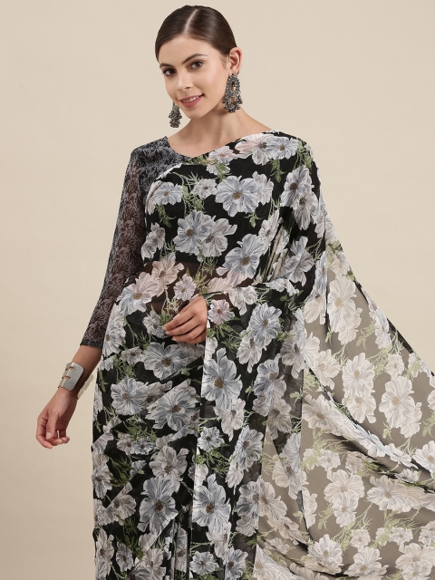 SIRIL Women Black & Grey Floral Pure Georgette Saree