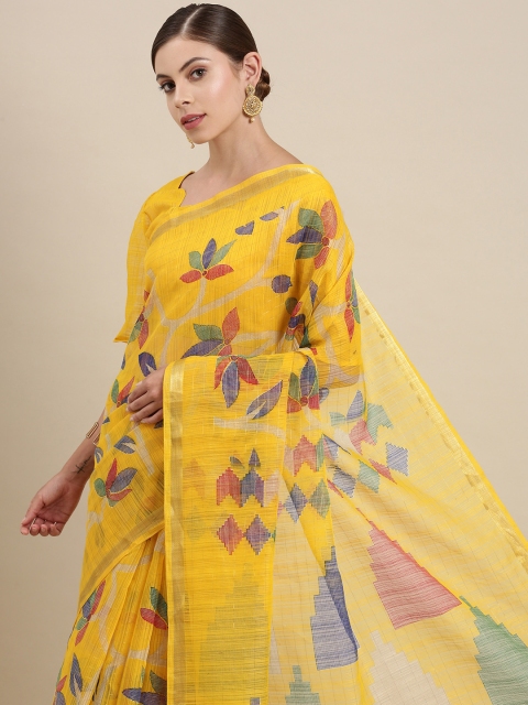 SIRIL Yellow & Red Floral Zari Saree