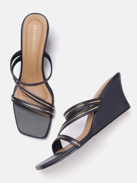 DressBerry Navy Blue & Gold-Toned Striped Wedges