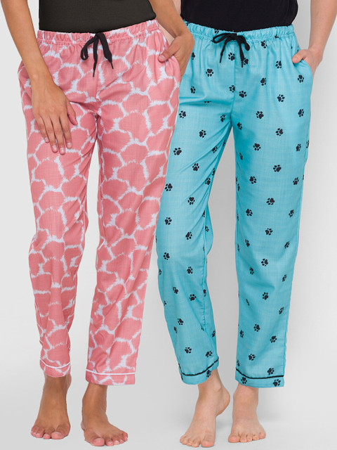 FashionRack Women Pack Of 2 Blue & Peach Printed Regular Fit Cotton Lounge Pants 
FashionRack Women Pack Of 2 Blue & Peach Printed Regular Fit Cotton Lounge Pants