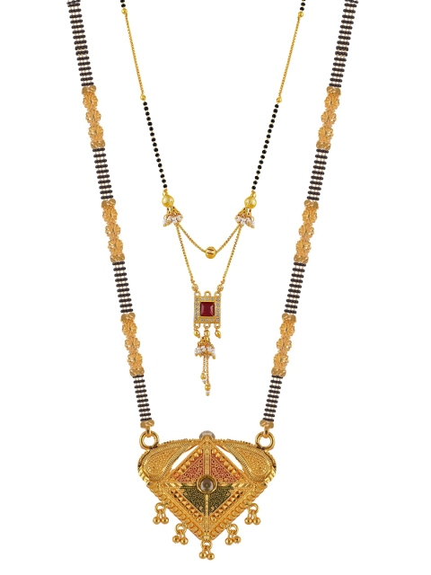 Brandsoon Set Of 2 Gold-Plated White & Red Stone-Studded Black Beaded Mangalsutra