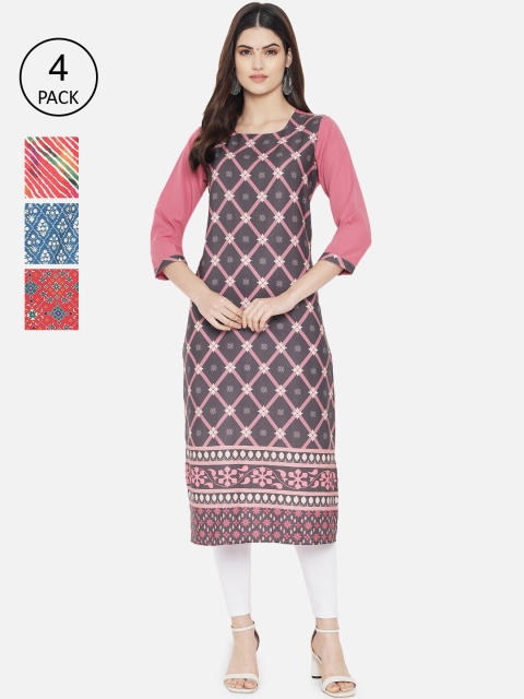 1 Stop Fashion Women Pack of 4 Pink & Brown Printed Crepe Kurta