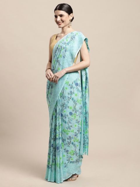 PERFECTBLUE Blue & Green Floral Print Saree