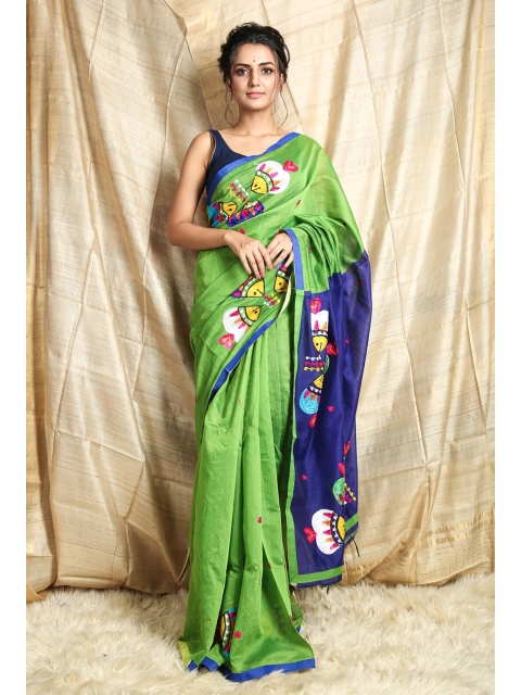 Charukriti Green & Blue Embroidered Handloom Saree