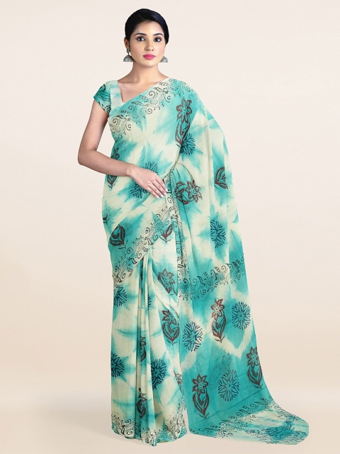 Pothys Cream-Coloured & Blue Floral Pure Cotton Saree