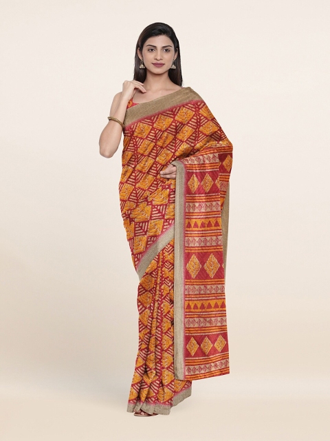 Pothys Red & Orange Ethnic Motifs Cotton Blend Saree