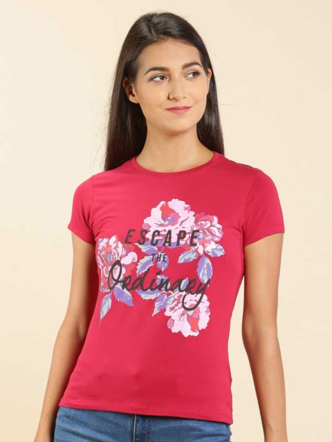 LYRA Women Maroon Floral Printed Slim Fit Outdoor T-shirt