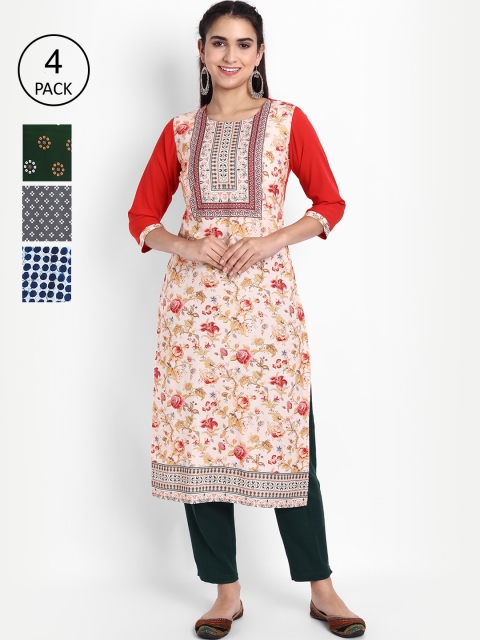 Ethnic basket Women Multicoloured Pack of 4 Floral Crepe Kurta, Multi