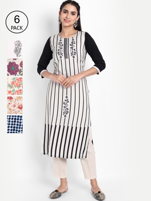 Ethnic basket Women Multicoloured Striped Thread Work Floral Crepe Kurta, Multi