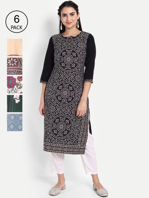 Ethnic basket Women Multicoloured Yoke Design Thread Work Floral Crepe Kurta, Multi