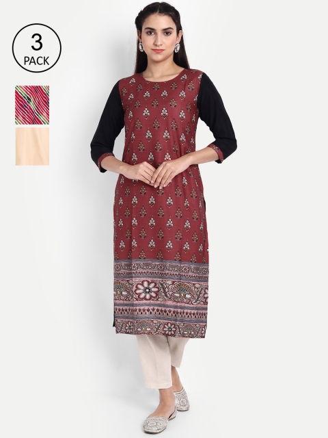 Ethnic basket Women Pack Of 3 Printed Crepe Kurta, Maroon