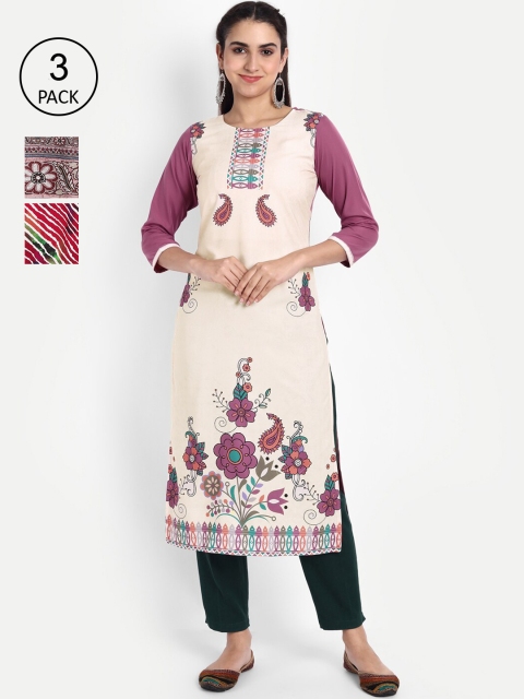 Ethnic basket Women Pack Of 3 Printed Crepe Kurta, Cream
