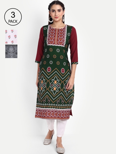 Ethnic basket Women Pack Of 3 Printed Crepe Kurta, Green