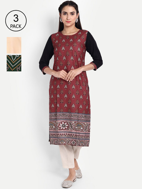 Ethnic basket Women Pack of 3 Ethnic Motifs Printed Crepe Kurta, Maroon 
Ethnic basket Women Pack of 3 Ethnic Motifs Printed Crepe Kurta, Maroon