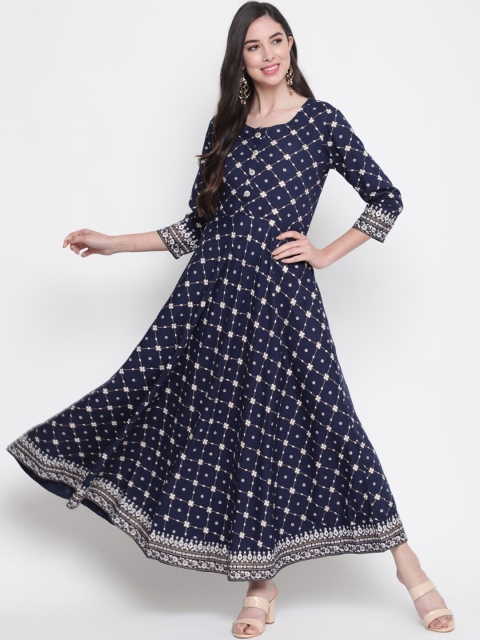 GLAM ROOTS Blue Ethnic Motifs Maxi Dress, Navy blue