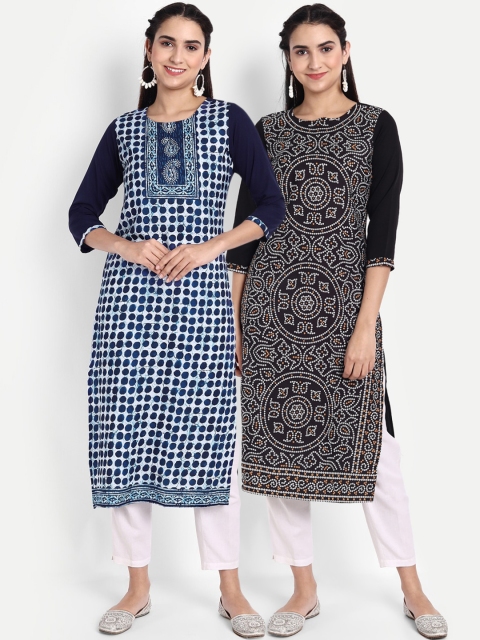 Ethnic basket Pack of 2 Women Blue & Black Ethnic Motifs Printed Crepe Kurta