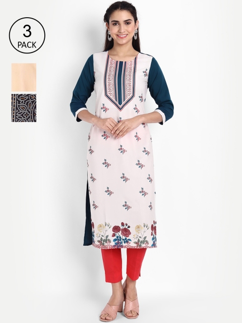Ethnic basket Women Multicoloured Yoke Design Thread Work Floral Crepe Kurta, Multi