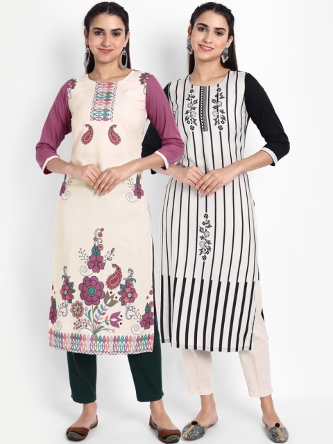 Ethnic basket Women Pack of 2 Ethnic Motifs Printed Crepe Kurta, Black