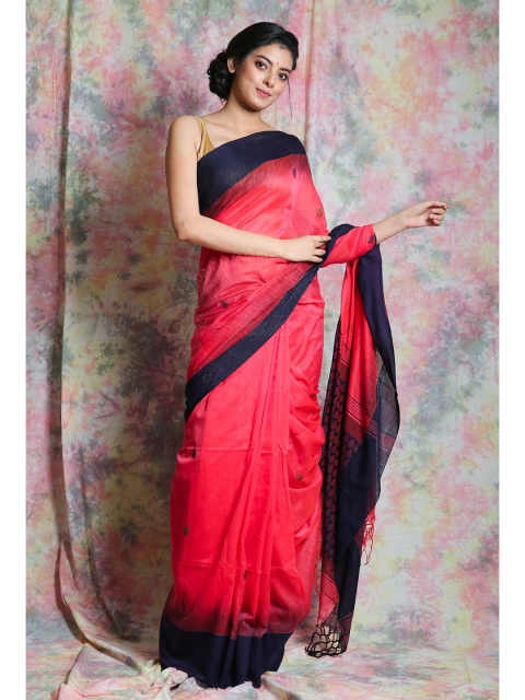 Charukriti Pink & Navy Blue Woven Design Handloom Saree