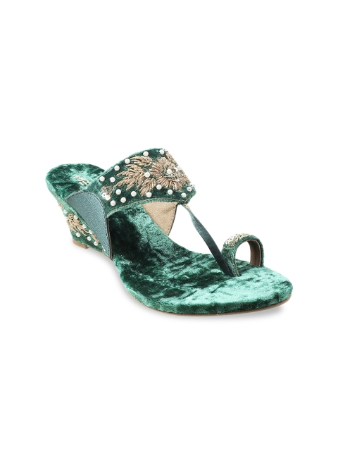 Metro Green Embellished Ethnic Wedge Heels
