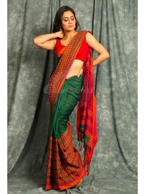 Charukriti Green & Orange Woven Design Saree