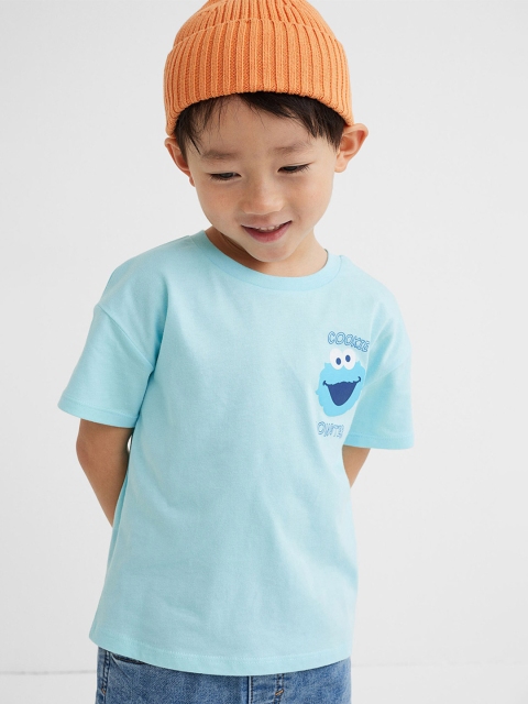 H&M Boys Turquoise Blue Pure Cotton Oversized Printed T-Shirt