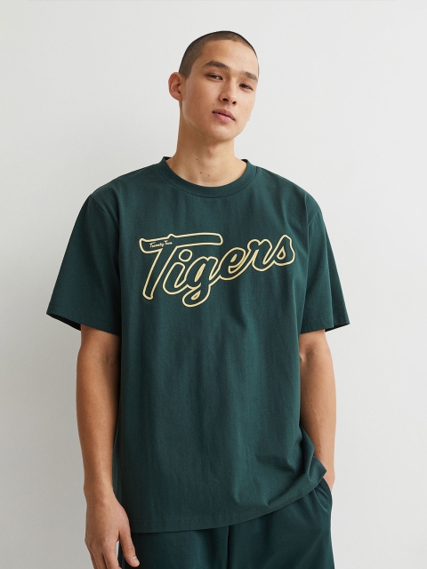 H&M Men Green Printed Cotton T-Shirt