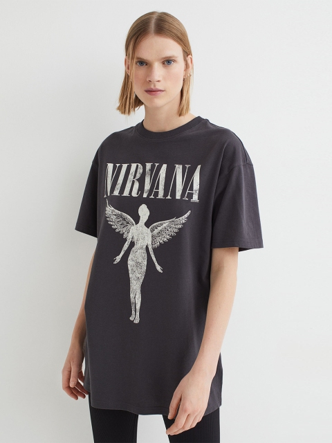 H&M Women Grey Oversized Motif-Detail T-shirt