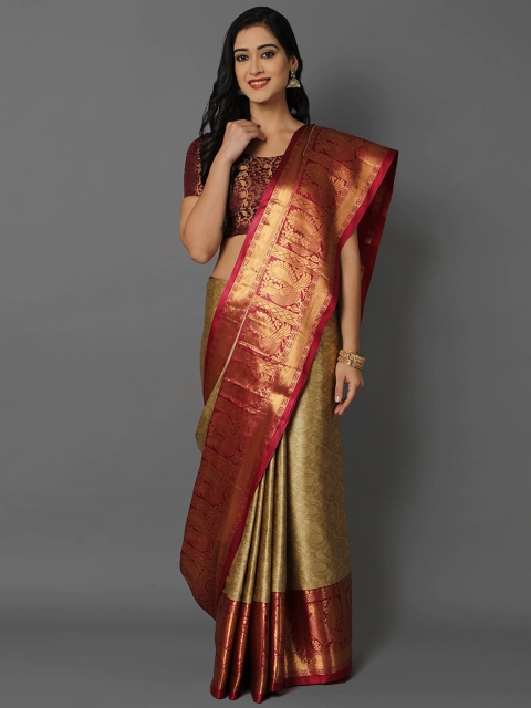Mitera Beige & Red Woven Design Saree