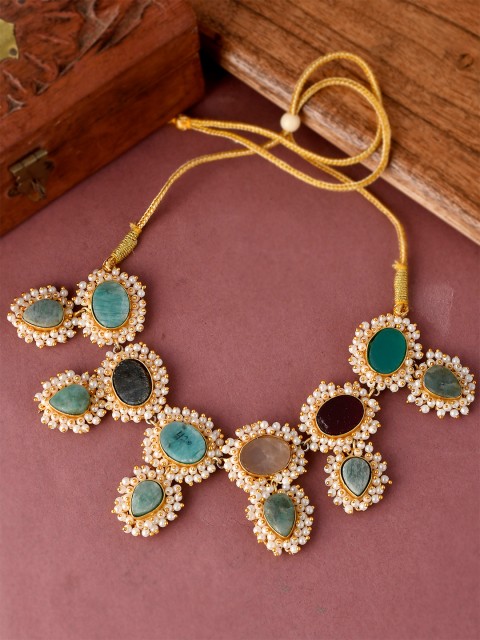 Silvermerc Designs Gold-Plated Green & Blue Stone Studded & Beaded Brass Choker Necklace
Silvermerc Designs Gold-Plated Green & Blue Stone Studded & Beaded Brass Choker Necklace