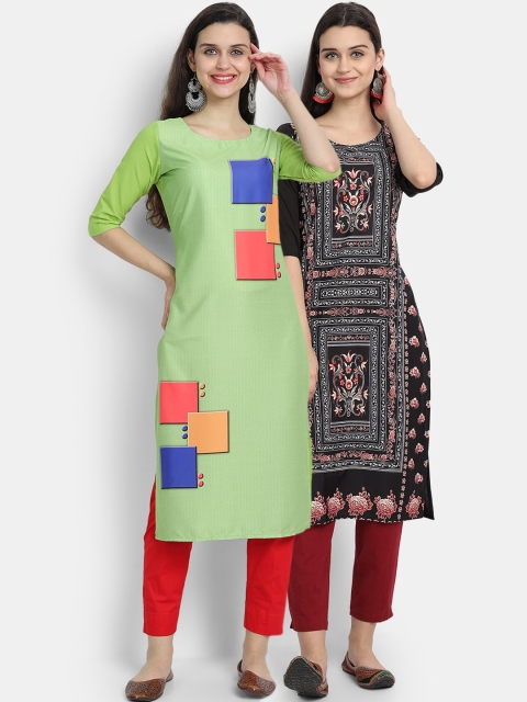 KALINI Women Multicoloured Colourblocked Thread Work Floral Crepe Kurta, Multi