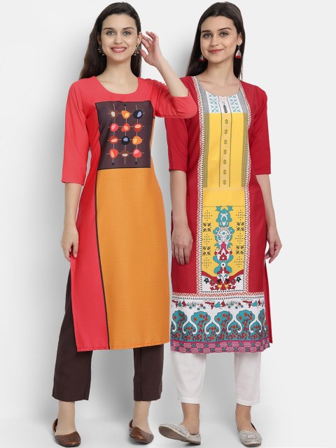 KALINI Women Multicoloured Colourblocked Thread Work Floral Crepe Kurta, Multi