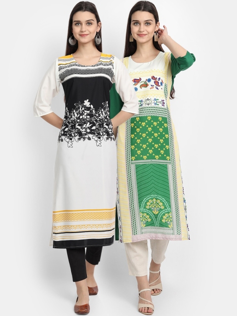KALINI Women Pack of 2 White & Green Floral Straight Kurta