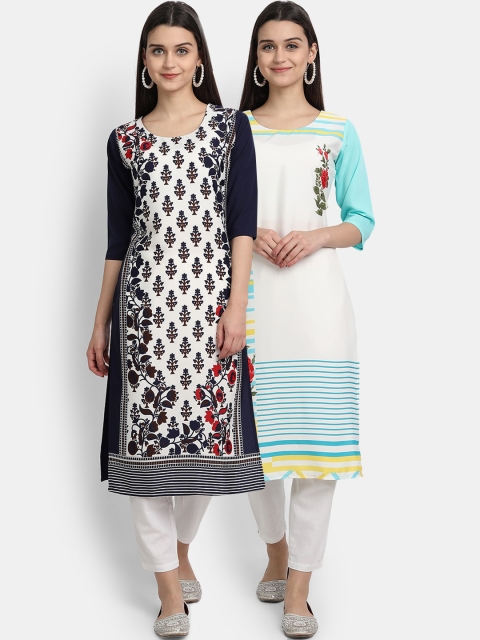 KALINI Women White & Blue Set of 2 Printed Floral Crepe Kurta