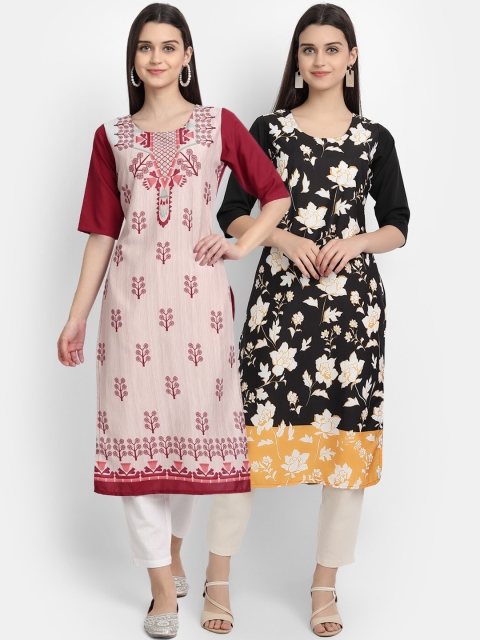 KALINI Women Pack of 2 Maroon & Black Floral Printed Kurta