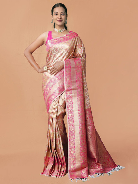 Unnati Silks Pink & Gold-Toned Ethnic Motifs Zari Silk Blend Kanjeevaram Saree
Unnati Silks Pink & Gold-Toned Ethnic Motifs Zari Silk Blend Kanjeevaram Saree