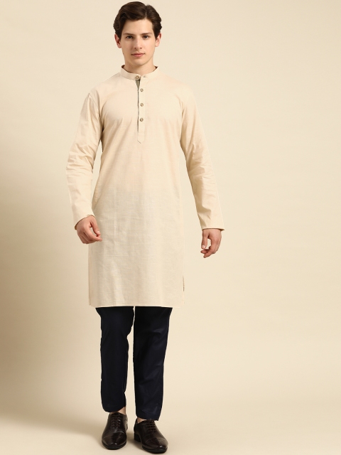 Anouk Men Cream-Coloured & Navy Blue Solid Kurta Set